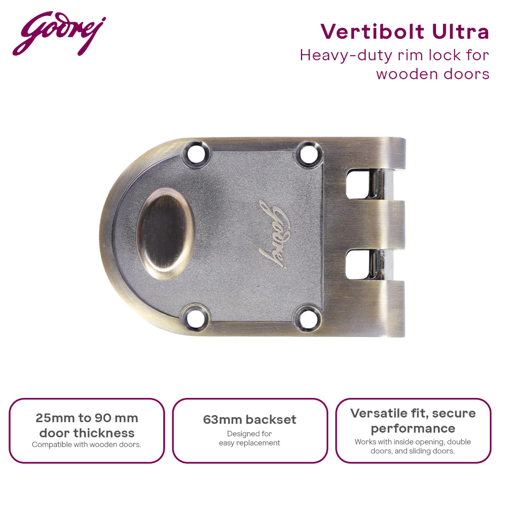 Godrej Rim Lock | Vertibolt Ultra Lock For Wooden Main Door | 1CK Deadbolt | 14 Pin Cylinder | For Inside Opening or Double Dooror Sliding Door | 4 Keys | 5 Yr Warranty | Manual Locking | Antique Brass